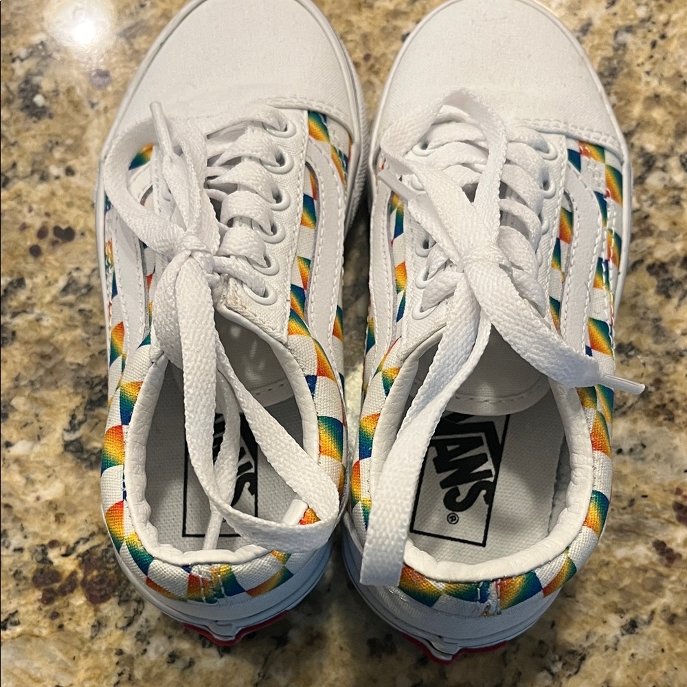 Vans Kids White Sneakers with Rainbow Accents